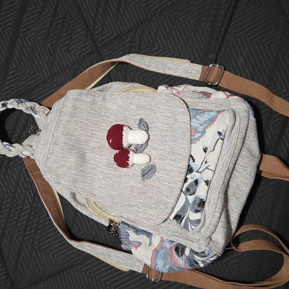 NEW Gray Bohemian Backpack with Mushrooms